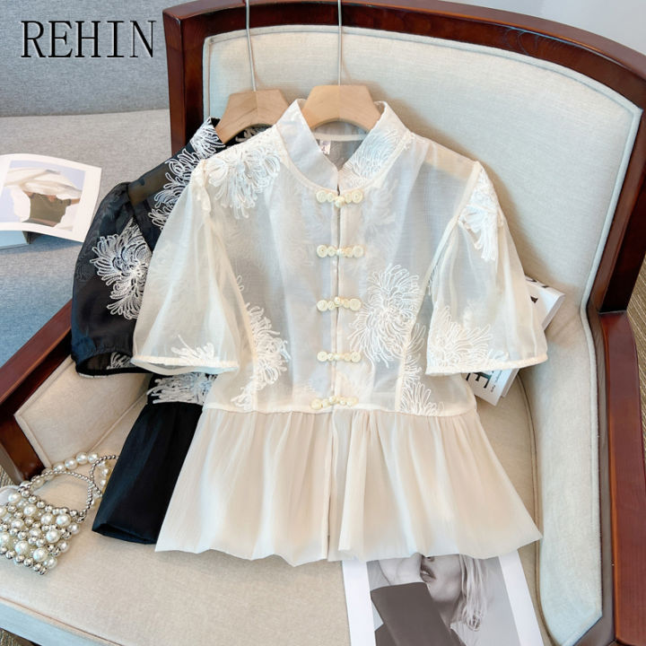 rehin-เสื้อผู้หญิงเข้ารูปแขนสั้นคอตั้งติดกระดุมสไตล์ฝรั่งเศส-เสื้อผู้หญิงการออกแบบที่ไม่เหมือนใครกระชับสัดส่วน