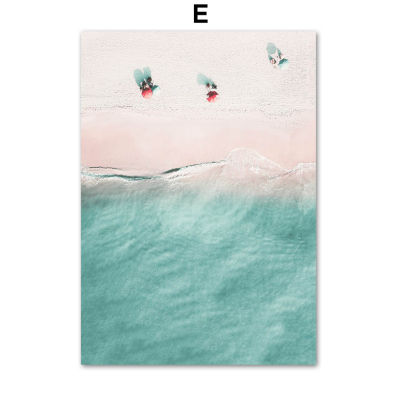 ต้นกระบองเพชรรถบัสสีชมพูชายหาดทะเลสีน้ำเงินศิลปะบนผนังผ้าใบวาดภาพโปสเตอร์แบบนอร์ดิกและพิมพ์ลาย69F ติดผนัง0717