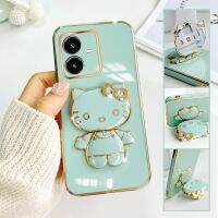 For vivo Y22s Mobile Phone Case Fashion Temperament Plating TPU Advanced Rotary Stand Makeup Mirror Hello Kitty Folding Mirror Stand Net Red New Couple Gift Soft Touch Anti slip Anti fall Protective Case