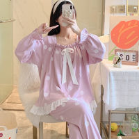 CAIYIER Spring Female Pajamas Lace Princess Sleepwear Cute Printed Soft Nighty Long Sleeve Trousers Sweet Girl Home Servise Suit