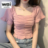 WEISHIBLUE 2021ใหม่ Minimalist เสื้อผู้หญิงเกาหลีเข้ารูปสแควร์จีบ Crop Tops หญิงฤดูร้อนเสื้อสตรีไหมพรมผู้หญิง