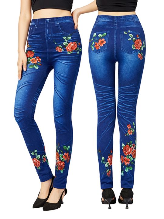 COD] CUHAKCI New Faux Jeans Floral Printing Leggings Pants Size Elastic  False Denim Jeggings
