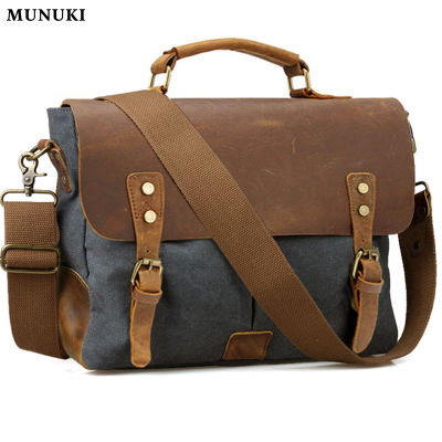 MUNUKI กระเป๋าผ้าใบ + กระเป๋าหนังใส่แล็ปท็อปกระเป๋าเอกสารกระเป๋าเมสเซนเจอร์กระเป๋าสะพายไหล่สำหรับชายกระเป๋าทำงานสำหรับผู้หญิงกระเป๋าถือหนังสำหรับทำงาน Ang โรงเรียน6807 M403