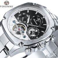 ⌚Forsilver นาฬิกาบุรุษระบบไขลาน Tourbillon แกนค้ำเฉพาะด้านหลังเงินหน้าปัดขนาดเล็กข้างขึ้นข้างแรมเรืองแสงไม่สม่ำเสมอนาฬิกาสุดหรูสายรัดปฏิทินสแตนเลส