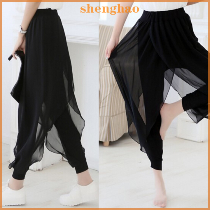 shenghao-บวกขนาดกางเกงชีฟองแยกผู้หญิงกลางเอวกว้างขายาวกางเกงขายาว