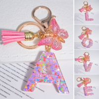 26 Letter A-Z Initials Keychain Stars Sequin Filled Key Ring Pink Butterfly Pendant With Tassels Handbag Accessories for Women