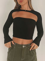 ผู้หญิงแขนยาว cutout Tees Crop Tops Casual แฟชั่นสีทึบ backless SLIM FIT SHORT