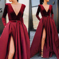 European And American New WomenS Dresses Deep V Long-Sleeved Dresses With Slits And Big Swings Temperament Long Skirts