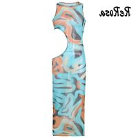 COD DSFDGESERRRRR ReRosa Womens Beach Holiday Mesh Print Hollow Perspective Sleeveless Tight Dress