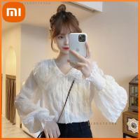 Xiaomi ที่เรียบง่ายลูกไม้คอวีพื้นฐานสาเหตุถนนแขนยาวผู้หญิงเสื้อแฟชั่นหลวมวิทยาลัยลมน่ารักหวานหญิงเสื้อบน