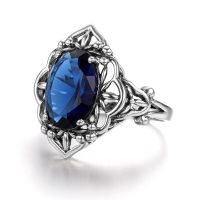 Sapphire Rings Oval Flower Elegant Victorian Dark Blue Gemstone Ring 925 Sterling Silve Carve Kate Fine Jewelry Wedding