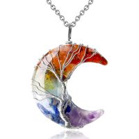 hotx【DT】 7 Chakras of Necklace Wire Wrap Crescent Moons Pendants Chip Stone Resin G931