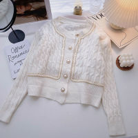 Ashgaily O-Neck Cardigan Pearls Knitted Sweater Women Vintage Button Up Long Sleeve Coat White Colour Knitwears Top