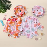 ☁ 2023 Summer Toddler Kid Baby Girls Swimsuits Swimwear Floral Print Zipper Long Sleeve Bodysuits Headband Bathing Suits Beachwear