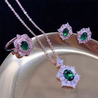 【lz】™☼▫  925 Sterling Silver AAA Cubic Zircon Jewelry Set para Mulheres Colar de Pedra Verde Conjuntos De Anéis De Luxo Moda 2023