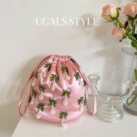 UGALS French Pink Flower Dinner Silk Bag Handwoven Beaded Tassel Bucket Bag Underarm Messenger Bag