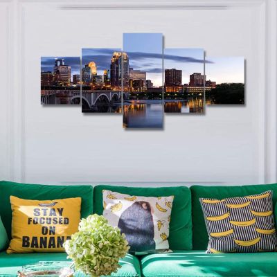 Zhangyanhui2 5แผงที่มีสีสัน Cityscape Minneapolis ตึกระฟ้า At Sunset ภาพทำงานโปสเตอร์ HD พิมพ์ Room Decor ภาพวาด5ชิ้น