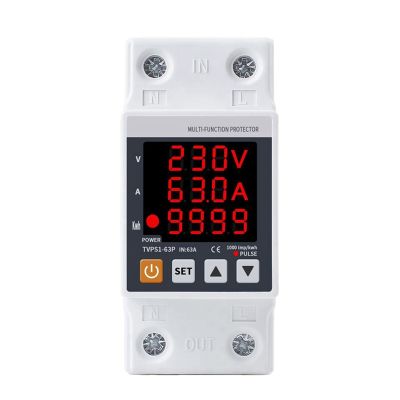 2P 63A 230V 3IN1 Display Din Rail Adjustable over Under Voltage Surge Protector Relay Kwh Meter