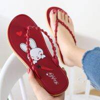 สีแดง Flip Flops ผู้หญิงกันลื่นฤดูร้อนเสื้อนอกรองเท้าแตะสลิปเปอร์นักเรียนแบนการ์ตูนผู้หญิงรองเท้าแตะ Flip Flops