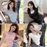 ? เสื้อไหมพรมคอวี แขนสั้น ดีเทลผ้าร่อง สีพาสเทล สินค้าพร้อมส่ง ( 6A003 ) -C