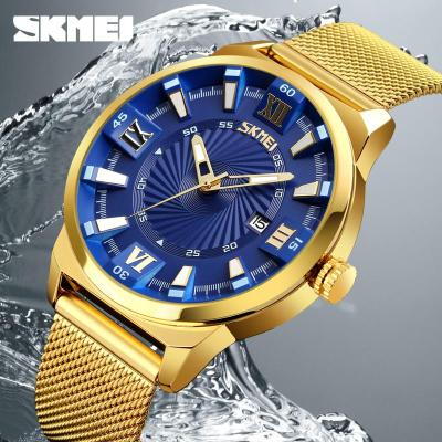 SKMEI นาฬิกาข้อมือสีทองระบบควอทซ์นาฬิกาแฟชั่นผู้ชายสแตนเลสหรูหรากันน้ำนาฬิกาข้อมือผู้ชายธุรกิจ9166