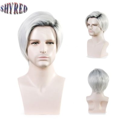Men Short Omber Withe Synthetic Wig Straight Wig With Side Part Bang For Men Party Cosplay Use Heat Resistant Fiber Wig