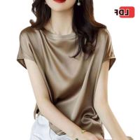 COD tjjs079 IVSD Womens Short Sleeve Satin Blouse Casual Loose Silk Tops Round Neck Shirt