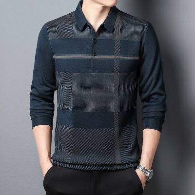 HOT11★BROWON Brand T Shirts for Men 2023 Autumn Long Sleeve Business Striped T-shirt Top Fashion Print Turn-Down Collar Men Clothing