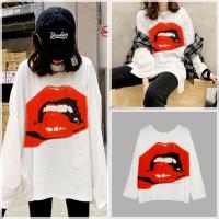 ?FC พร้อมส่ง?เสื้อยืดคอกลมแขนยาวทรงโอเวอร์ไซส์ สกรีนลายปาก