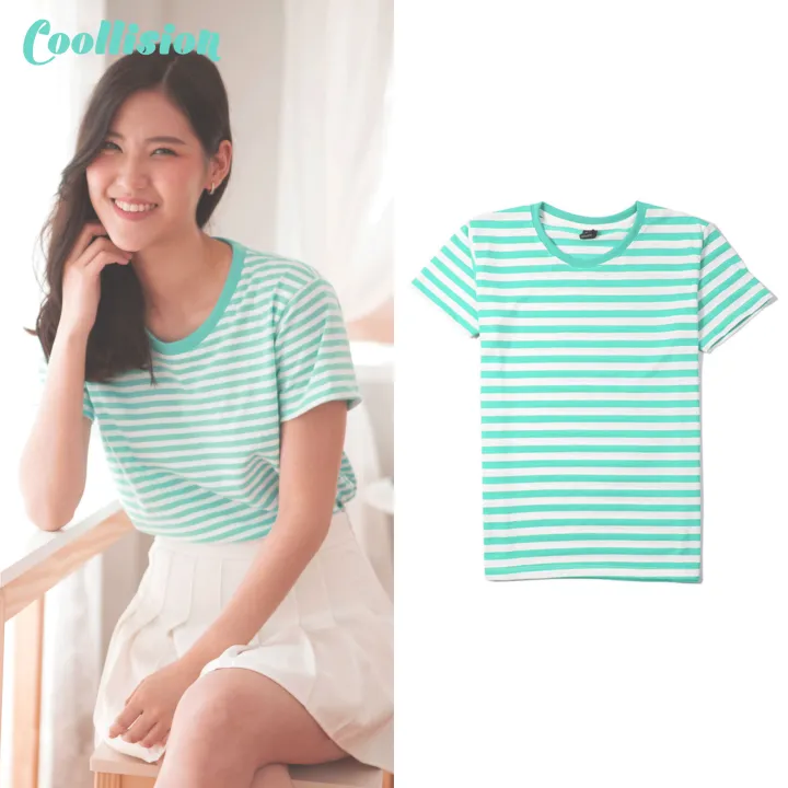 coollision-เสื้อยืดลายทาง-สีเขียวmint-สีขาว-set-1cm-เสื้อลายทางคอกลม-เนื้อผ้าฝ้ายผสม-มีหลายสี-ใส่ดีไม่มีย้วย-สีไม่ตก-unisex-ลายแถบ-ธรรมดา-ลำลอง