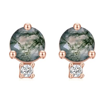 GEMS BALLET Unique 1.2Ct 5mm Round Cut Moss Agate Stacked Studs Earrings in 925 Sterling Silver Womens Wedding Earrings