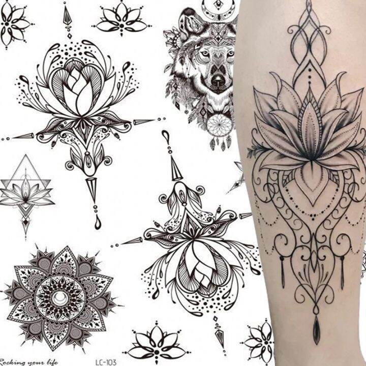 1pcs-temporary-tattoo-sticker-waterproof-black-retro-hand-back-pattern-tattoo-sticker-mandala-flower-clavicle-temporary-tattoo