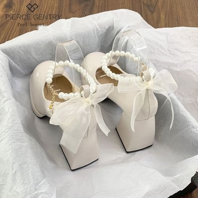 Pierre Shigen bowknot Mary Jane รองเท้าส้นสูง ส้นหนา ประดับมุก สีขาว แฟชั่นฤดูใบไม้ผลิ และฤดูใบไม้ร่วง สไตล์เรโทร สําหรับผู้หญิง 2023 V721