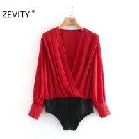 Zevity 2021 Women Fashion Cross V Neck Patchwork Bodysuits Office Lady Press Pleated Casual Slim Siamese Chic Romper LS7296