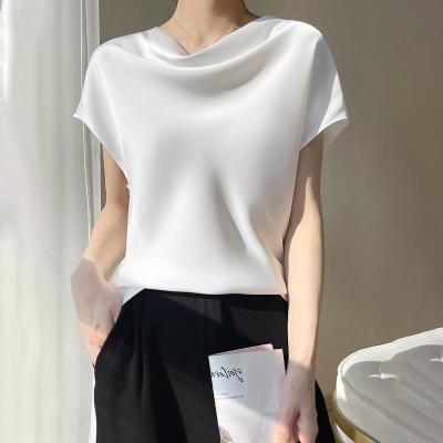 2023 Spring and Summer New Womens Fashion Pile Collar Short-sleeved T-shirt Stylish Satin Slim Elegant All-match Top 2023