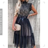 Chic Lace Cutout Midi Dress Sexy Mesh Sleeveless A-line Party Evening Dress Women Elegant Luxury Festival Clothing 2023 Autumn