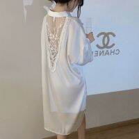 Womens Nightgown Ice Silk Mid-length Lace Short-sleeved Pajamas Can Be Worn Outside White Shirt Loose High-class Feeling