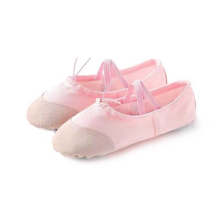 รองเท้ารองเท้าบัลเลต์ผ้าใบเด็กผู้หญิง-รองเท้าสำหรับสวมเต้นรำส้นเตี้ยหนังนิ่มผ่าหน้าคลาสสิก