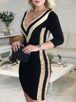 fgjre335 ขายดีที่สุด - / Contrast Color Striped Tape Bodycon Dress Women Sexy V Neck Long Sleeve Party Dress