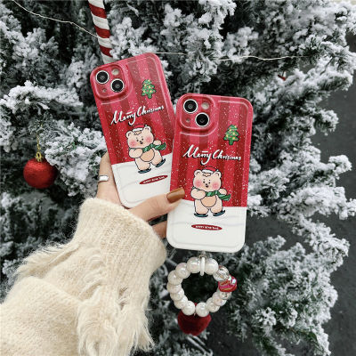 เคสคริสต์มาสหมีน้อยน่ารักสำหรับ iPhone13 Promax Snowflake ต้นคริสต์มาสเคสสำหรับ iPhone14 Promax Red Christmas Phone Case สำหรับ iPhone11 Red Beads String โทรศัพท์สำหรับ iPhone12Pro Jelly IMD สร้อยข้อมือ Soft Case สำหรับ iPhone13
