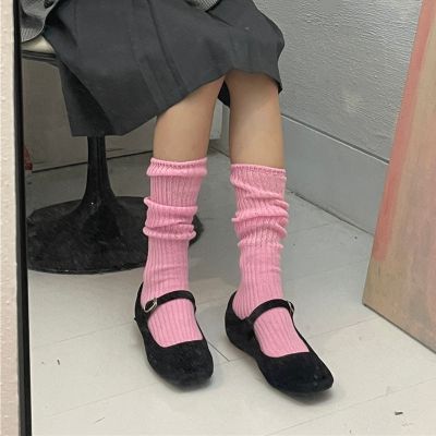 【CC】☍☋﹊  Matte Pink Cotton Knitting Socks Stockings Warm Knees Fashion School Crew