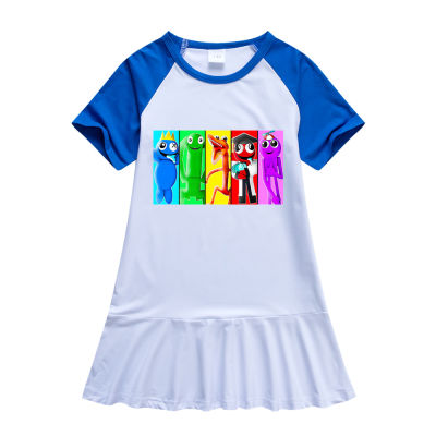 Rainbow Friends ชุดเดรสชุดเจ้าหญิงฤดูร้อนแขนสั้นสำหรับเด็กผู้หญิง,ชุดเดรสเสื้อยืดเด็กเดรสเด็กอัดพลีทน่ารักและหวานสำหรับเด็กผู้หญิง0000