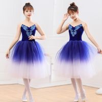 ✗◎■ Blue Ballet Dress Performance Leotards for Girls Adult Female Gradual Color Long Skirt Tutu Skirt Modern Dance Dress