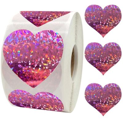 hot！【DT】◈  1.5inch 100-500pcs Holographic Stickers for Valentines Day Pink Sparkling Labels Wedding party