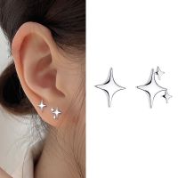 Asymmetry Micro Inlaid Crystal Four Pointed Star Earrings Women Small Cute Banquet Christmas New Year Jewelry