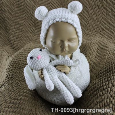 ♨㍿ hrgrgrgregre Newborn fotografia adereços bebê foto tiro traje infantil tricô crochê coelho chapéu com boneca roupas acessórios