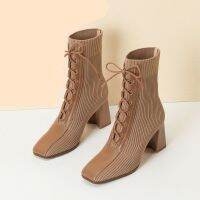 HOT★miaoguan 2021 Autumn Winter New Fashion Stitching Knitted Elastic Stockings Boots High-heeled Short Boots Womens Square Toe 39