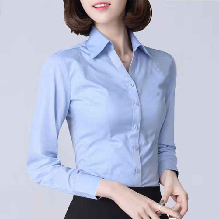 2023-summer-v-neck-shirt-blue-women-cultivate-ones-morality-to-work-big-yards-overalls-tooling-lady-white-shirts-with-short-sleeves
