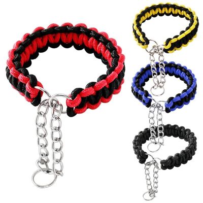 [HOT!] Wide Dog Collar Strong Nylon Rope Woven Limited Slip Collar with Stainless Steel Chain Heavy Duty Buckle for Small to Large Dogs
