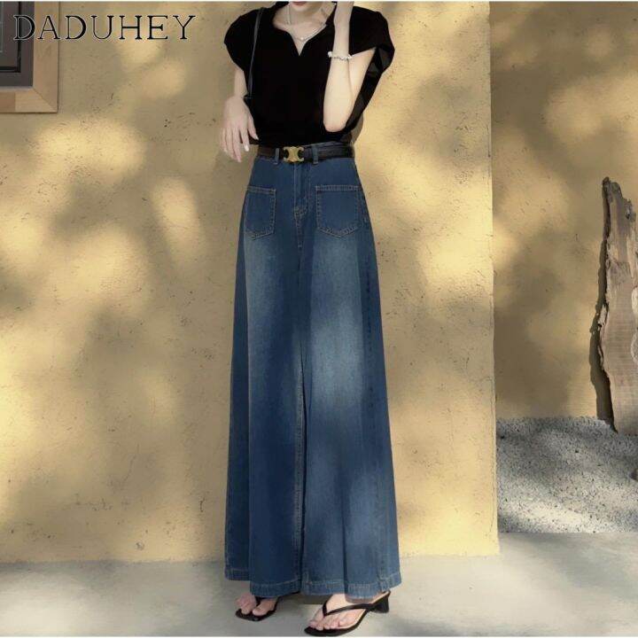 daduhey-womens-korean-style-new-summer-retro-washed-out-jeans-high-waist-wide-leg-loose-dropping-casual-mop-pants